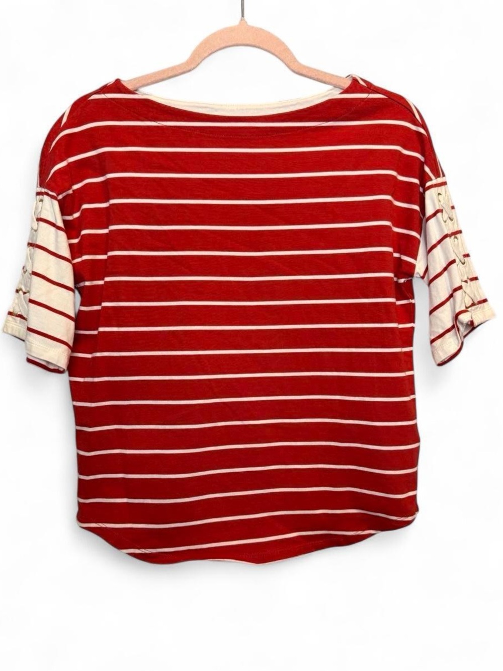Lauren Ralph Lauren Red & White Striped Lace-Up Sleeve Boat Neck Top Small